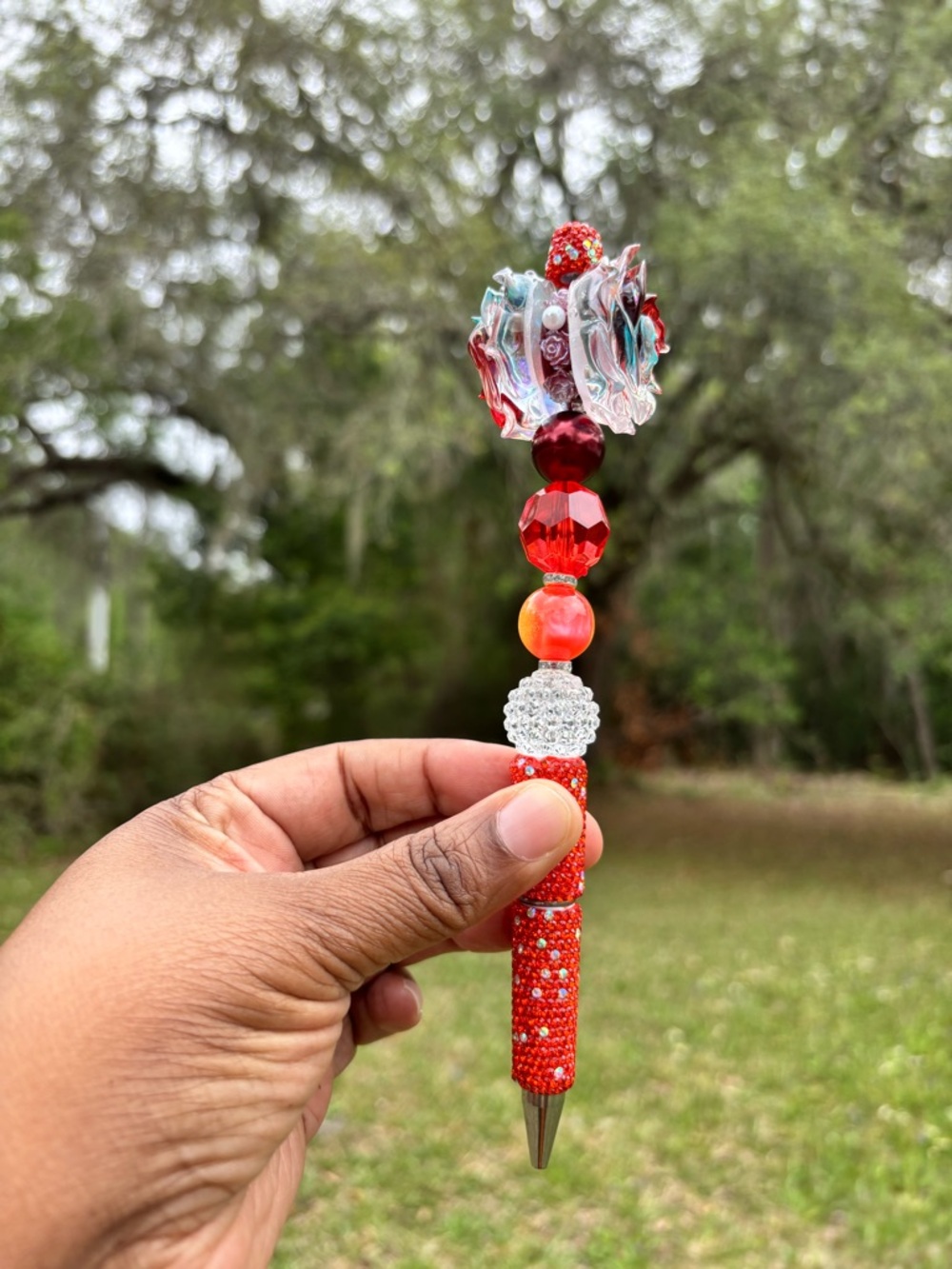 Handmade Rose Beaded Decorative  Rhinestone Pen - Turquoise, Red, Clear - Picture 3 of 3